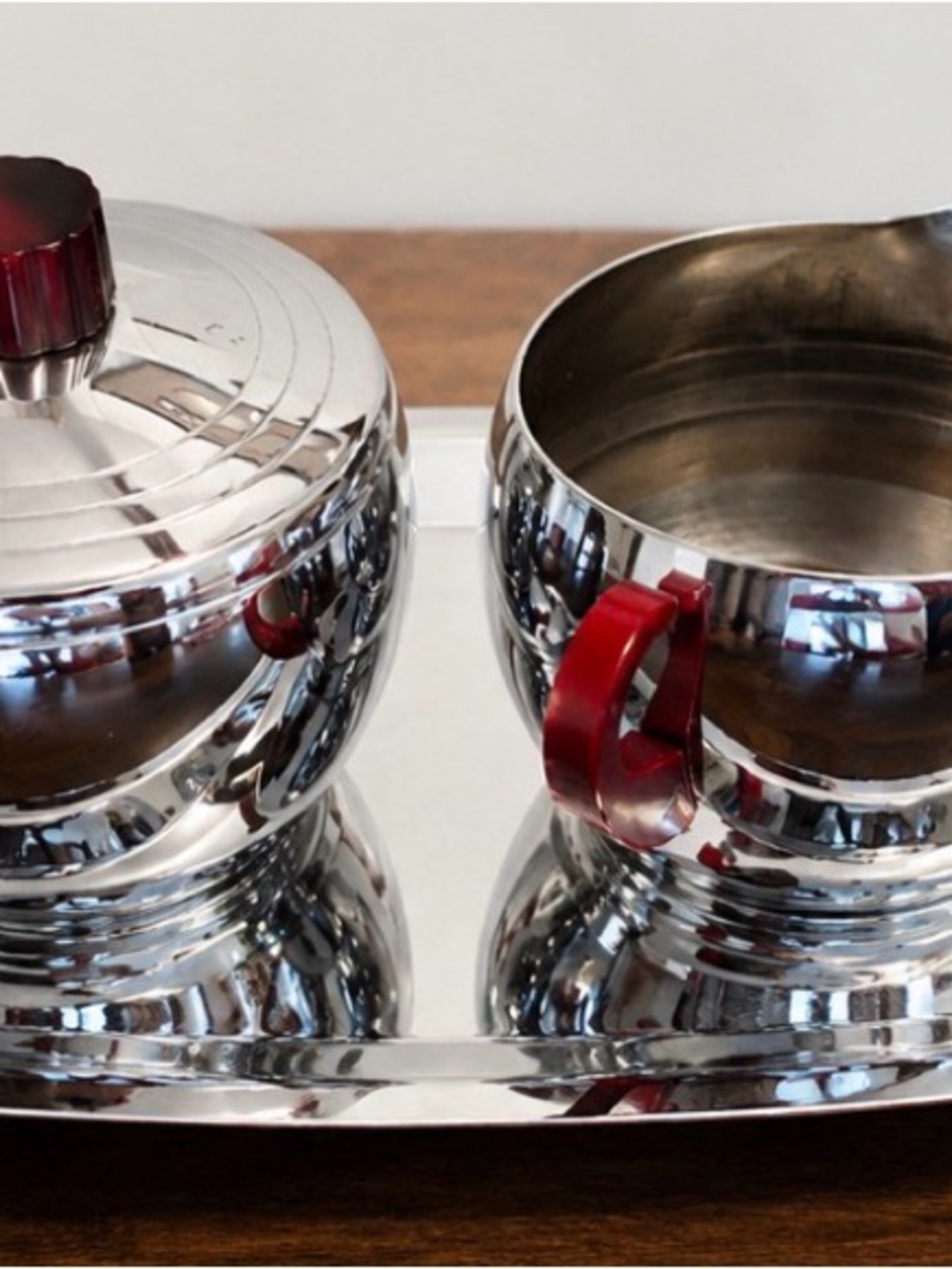 Vintage Mid-Century Chrome Cream & Sugar Set with Tray | Red Lucite Handles - Picture 2 of 6